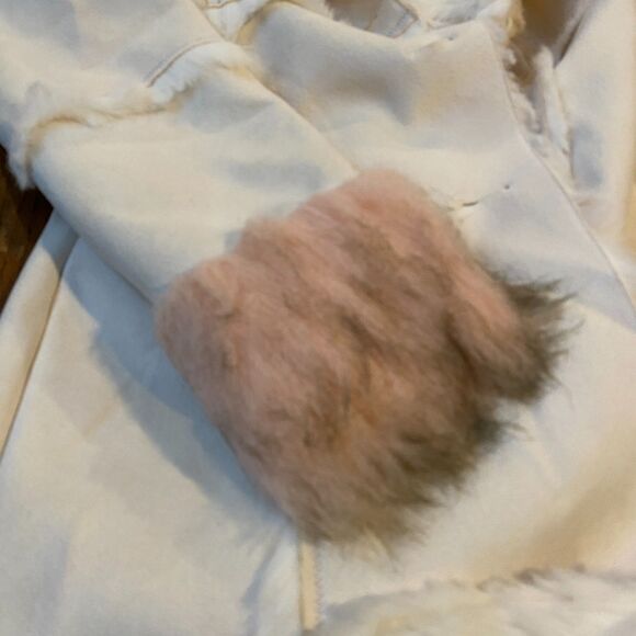 Y2K Glam VTG Bebe Penny Lane Faux Fur Suede Large Hooded Winter Coat Cream Pink - Picture 7 of 13